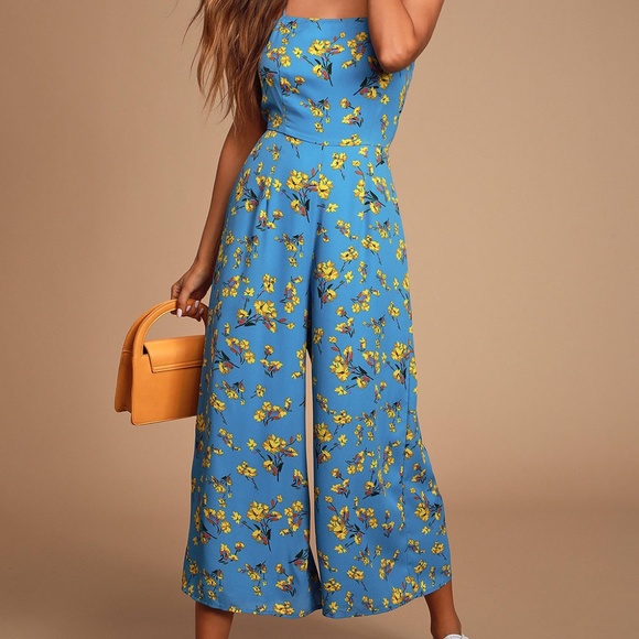 Lulus Bryony Blue Yellow Floral Print Wide-Leg Flare & Flare Jumpsuit - Picture 2 of 7